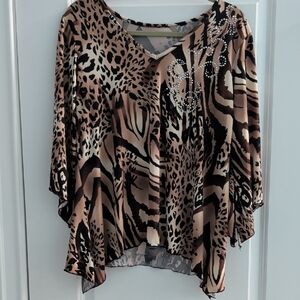 Chico's Brown, Black & Cream Animal-Print V-Neck Tunic with Rhinestone Detail